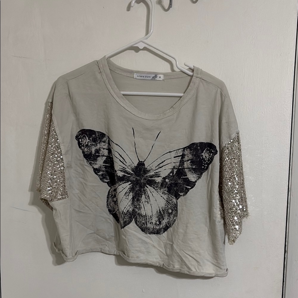 Altar'd State Cream Sequin Sleeve Butterfly Top